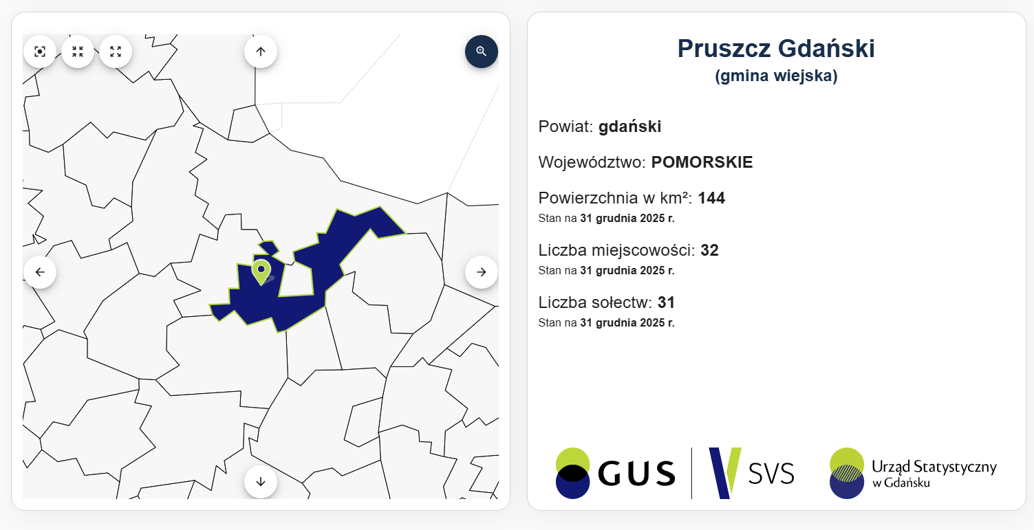 Pruszcz Gdański (gmina wiejska) Powiat: gdański Wojew&oacute;dztwo: POMORSKIE Powierzchnia w&nbsp;km&sup2;: 144 Stan na&nbsp;31 grudnia 2025 r.  Liczba miejscowości: 32 Stan na&nbsp;31 grudnia 2025 r.  Liczba sołectw: 31 Stan na&nbsp;31 grudnia 2025 r.