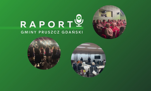Okładka raport gminy pruszcz gdański, mikrofon i logo 